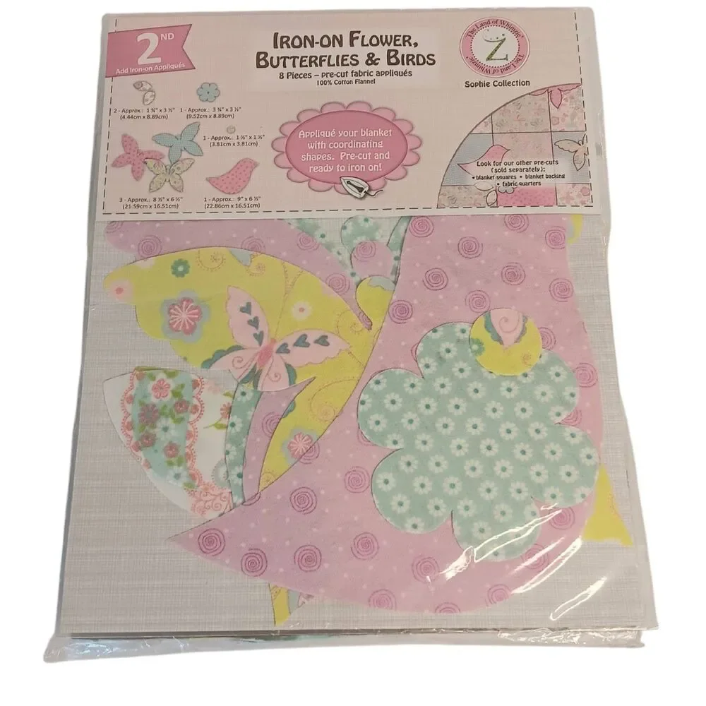 Land of Whimzie Baby Blanket Kit Fabric & Iron On Flower Butterflies Birds - New